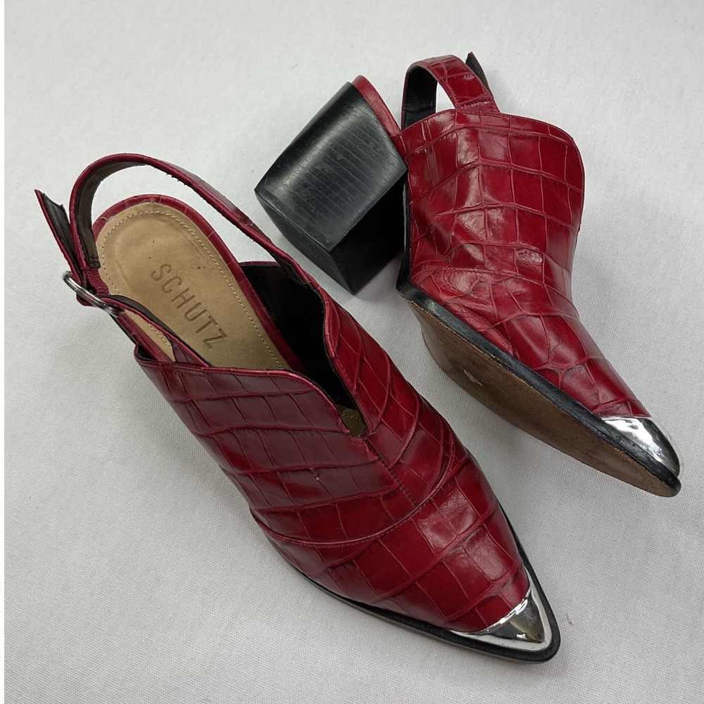 Schutz Red Croc Embossed Leather‎ Slingback Block Heel Metal Toe Pumps Size 39